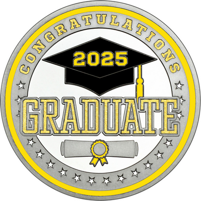 Gold "Congratulations Graduate" with Yellow 2025, Rim, Tassel & Ribbon